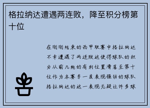 格拉纳达遭遇两连败，降至积分榜第十位