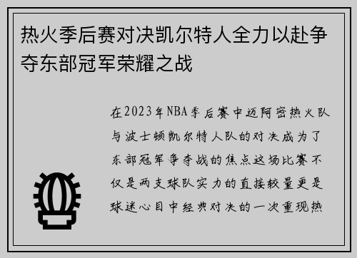 热火季后赛对决凯尔特人全力以赴争夺东部冠军荣耀之战